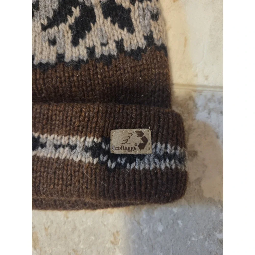 Vintage EcoRaggs Brown Winter Beanie With Nordic Inspired Snowflake Pattern Wool - Picture 2 of 4